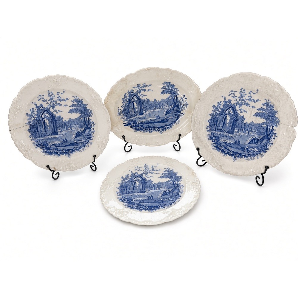 Vintage English Abbey Blue and White Transferware Plates and Platter Set of 4